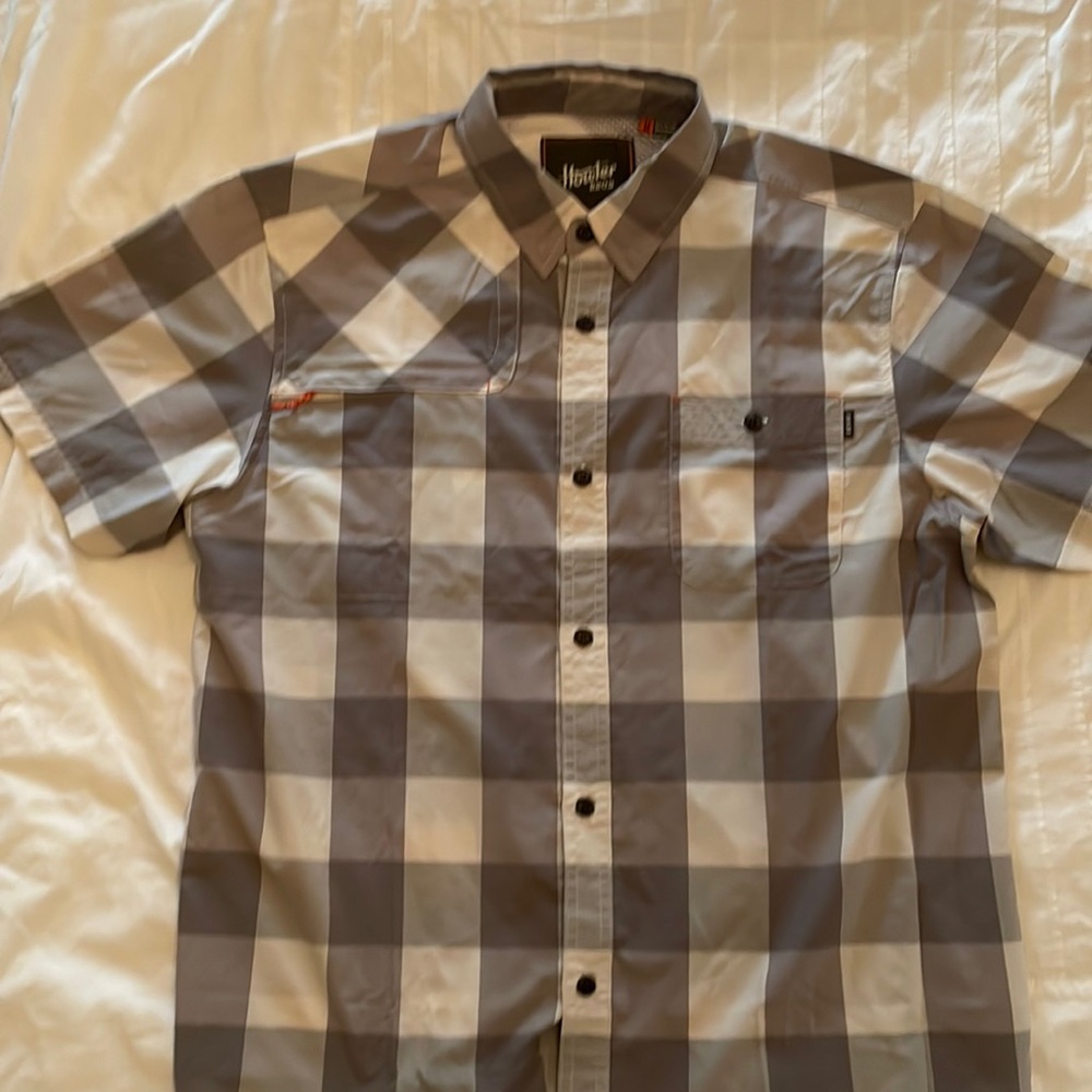 Howler Brothers Medium gray white plaid s/s Airwave button down shirt.